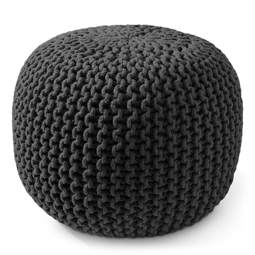 Round Pouf Ottoman, Black - 20" Diameter x 14.5" High Cotton Knit Foot Stool - Boho Floor Pouffe