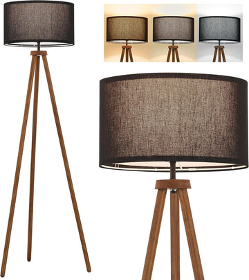 Wood Tripod Floor Lamp Modern Standing Lamp with Black Drum Shade, Industrial Tall Reading Lamp Livi