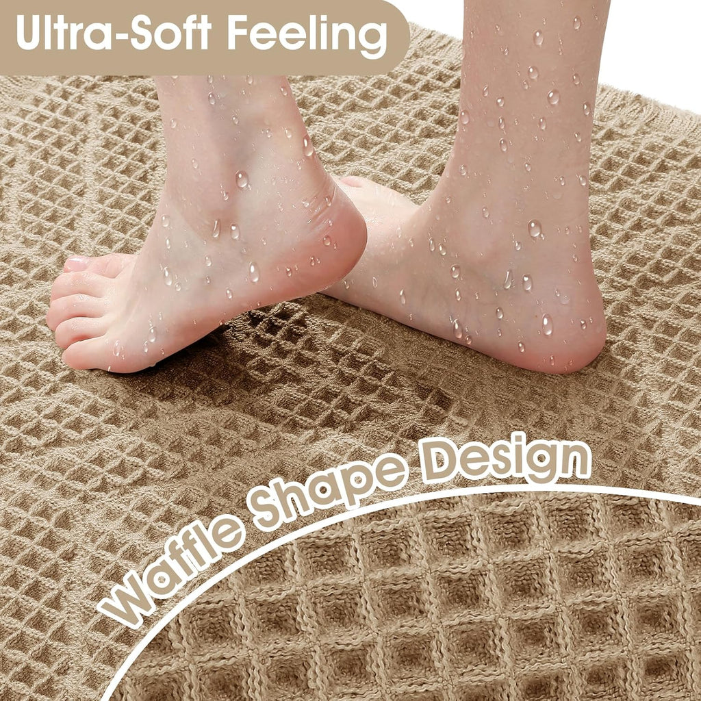 Upgraded Waffle Bath Mat Set 3 Piece Beige-Herringbone, Super Absorbent Non-Slip Quick Dry Bathroom Rugs with