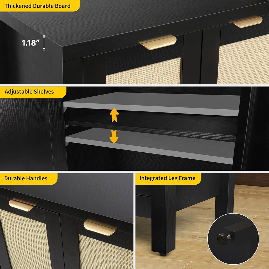 Rattan Sideboard Buffet Credenza Cabinet - Large Farmhouse Kitchen Coffee Bar Cabinet with 4 Rattan Door Storage for Entryway Living Room, 55" x 15" x 31.5" (Black)
