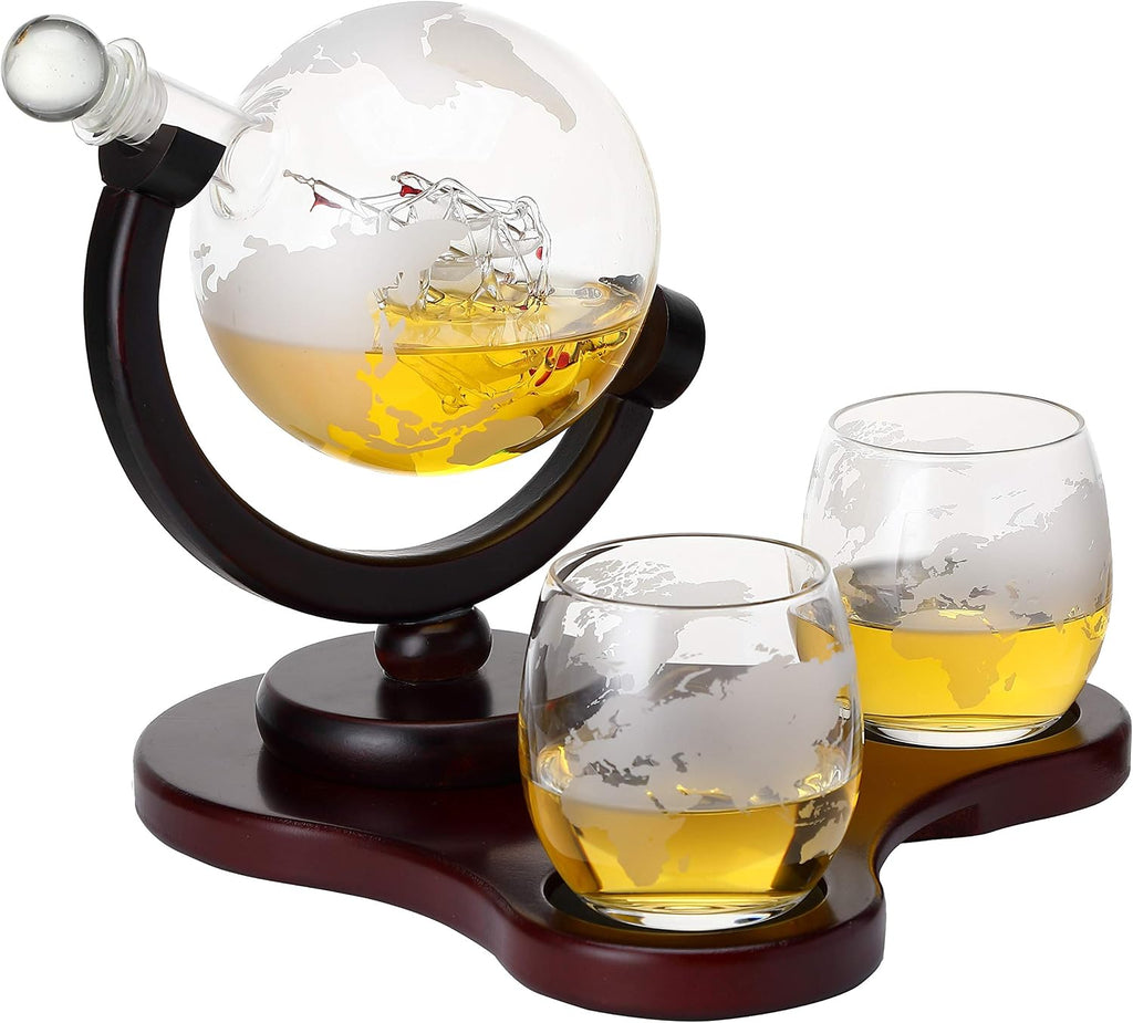 Whiskey Globe Decanter Set with 2 Glasses in Gift Box - Whiskey decanter for Liquor, Whiskey, Brandy, Gin, Rum