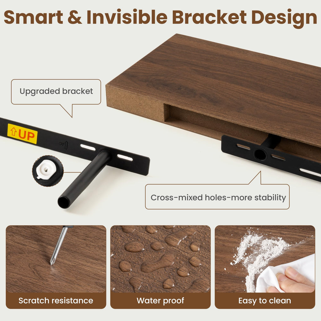 48 Inch Floating shelves for Wall, 8 Inch Deep, Invisible Brackets, Walnut