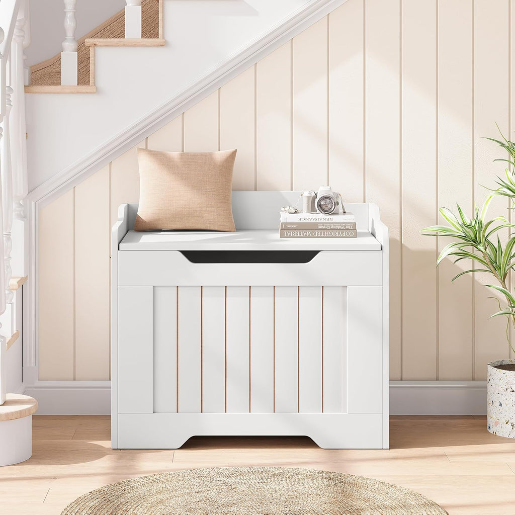 Storage Bench, 24.8" Storage Chest with Lid, Farmhouse Blanket Chest with Safety Hinge,Storage Trunk , White