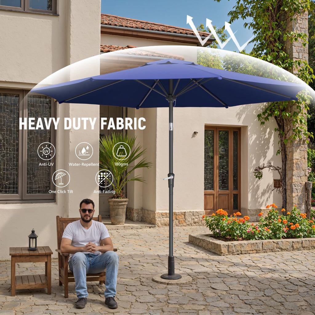 Outdoor Patio Umbrella with One Push Button Tilt and Crank, 8 Sturdy Ribs Market Table Umbrella