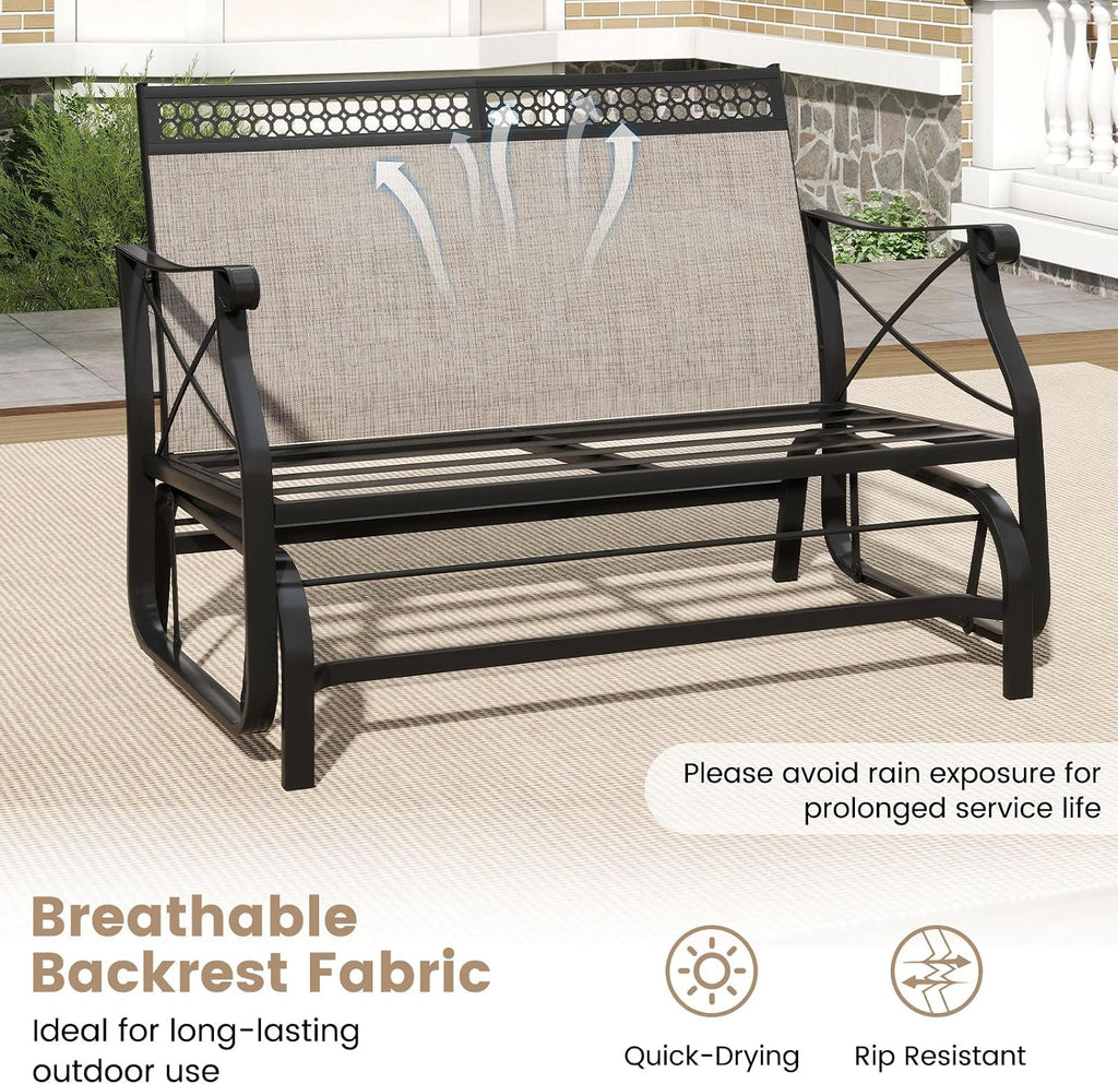 Patio Glider Bench, 2-Person Swing Gliding Loveseat with Breathable Fabric Seat & Soft Cushions, 660 LBS Metal Frame