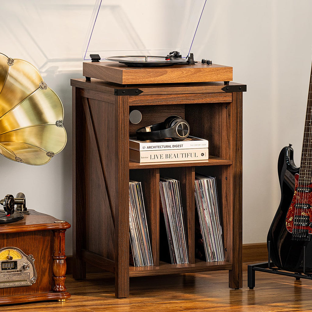 Record Player Stand with Vinyl Record Storage, Rustic Brown