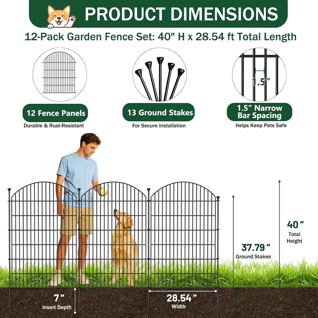 12 Pack No Dig Decorative Garden Fence Panels with Gate, 40in(H) x 29ft(L), Dog Fence Outdoor for Yard, Rustproof