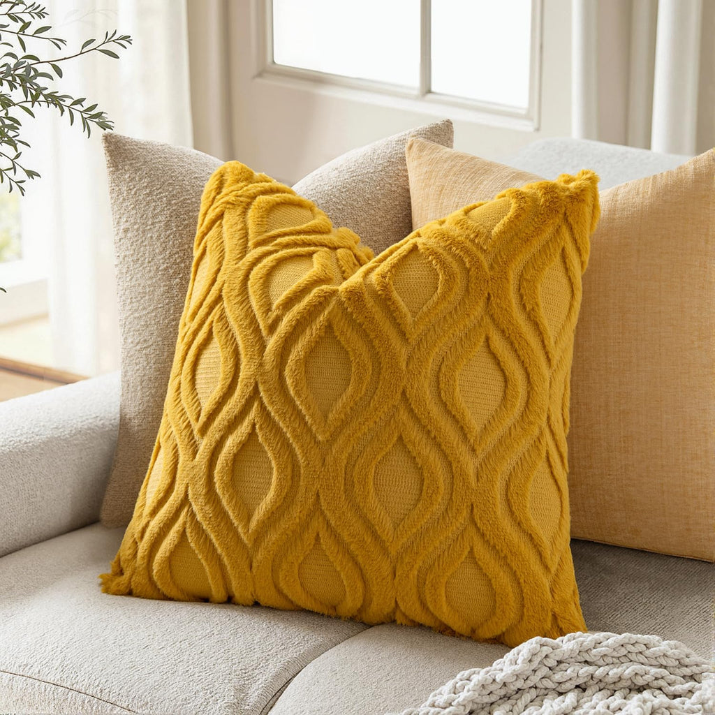 Summer Mustard Yellow Throw Pillow Covers 18x18 Inch, Soft Plush Faux Wool Solid Couch Pillows Set of 2, Decorative
