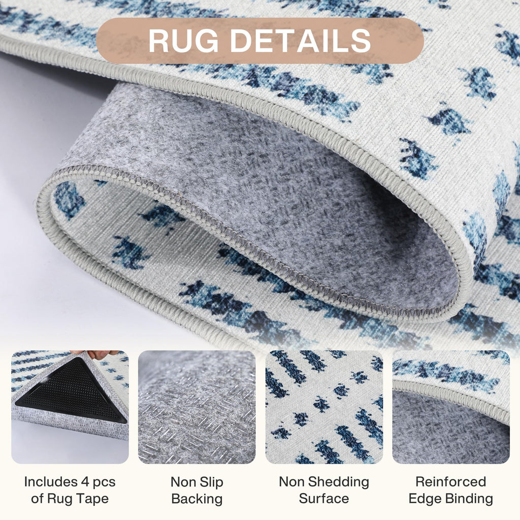 Ultra Thin Washable Area Rugs, Modern Non-Slip Rugs Dining Room, Blue Striped Farmhouse Large Indoor Carpet for