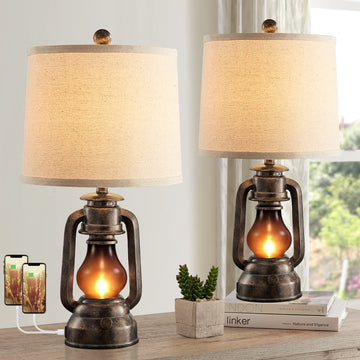 Farmhouse Lantern Table Lamps Set of 2 with USB C+A