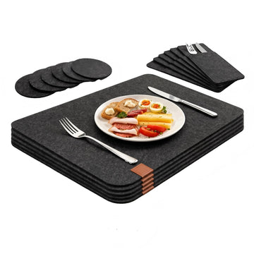 Felt Placemat Set of 18, 6 Placemats, 6 Coasters and 6 Cutlery Bags, Washable, Stain Resistant, Heat-Resistant, Dark
