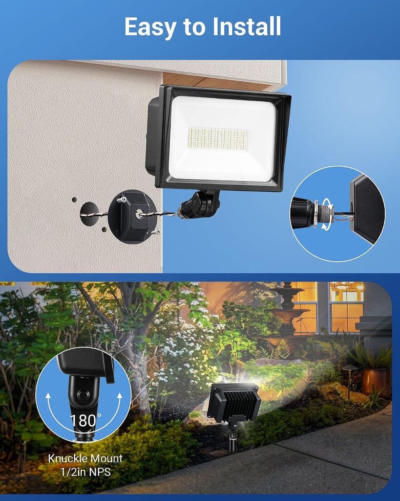 65W Outdoor LED Flood Light, IP65 Waterproof 6670LM 5000K, Black | Knuckle Mount, Super Bright, Security Flood Light