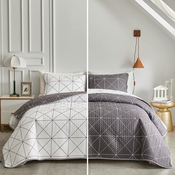 3 Pieces Reversible Quilt Set Plaid White & Brown 102x88 Soft Microfiber Lightweight Coverlet Bedspread