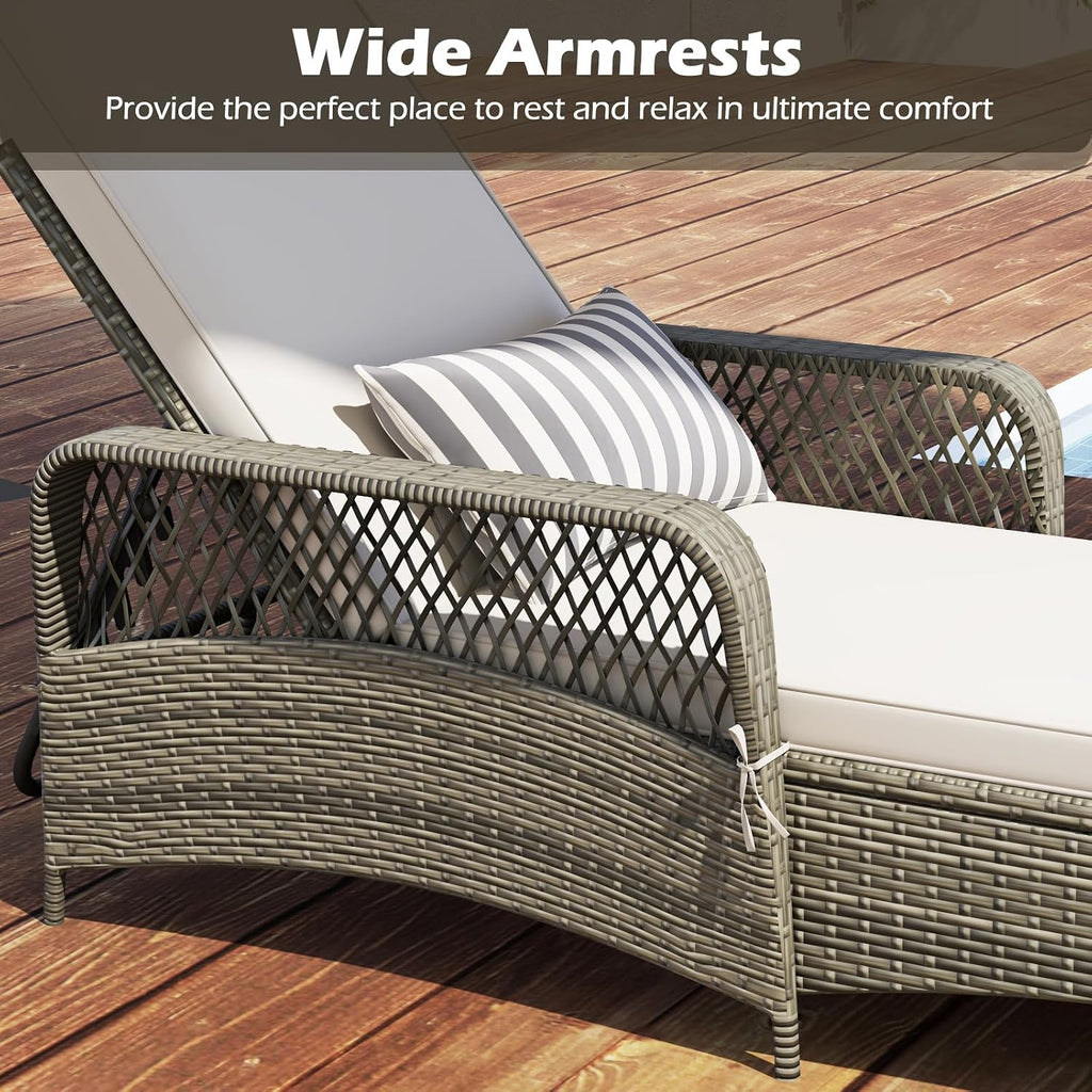 Wicker Chaise Lounge Chair, Patio Rattan Recliner with 6-Position Adjustable Backrest, Soft Cushions