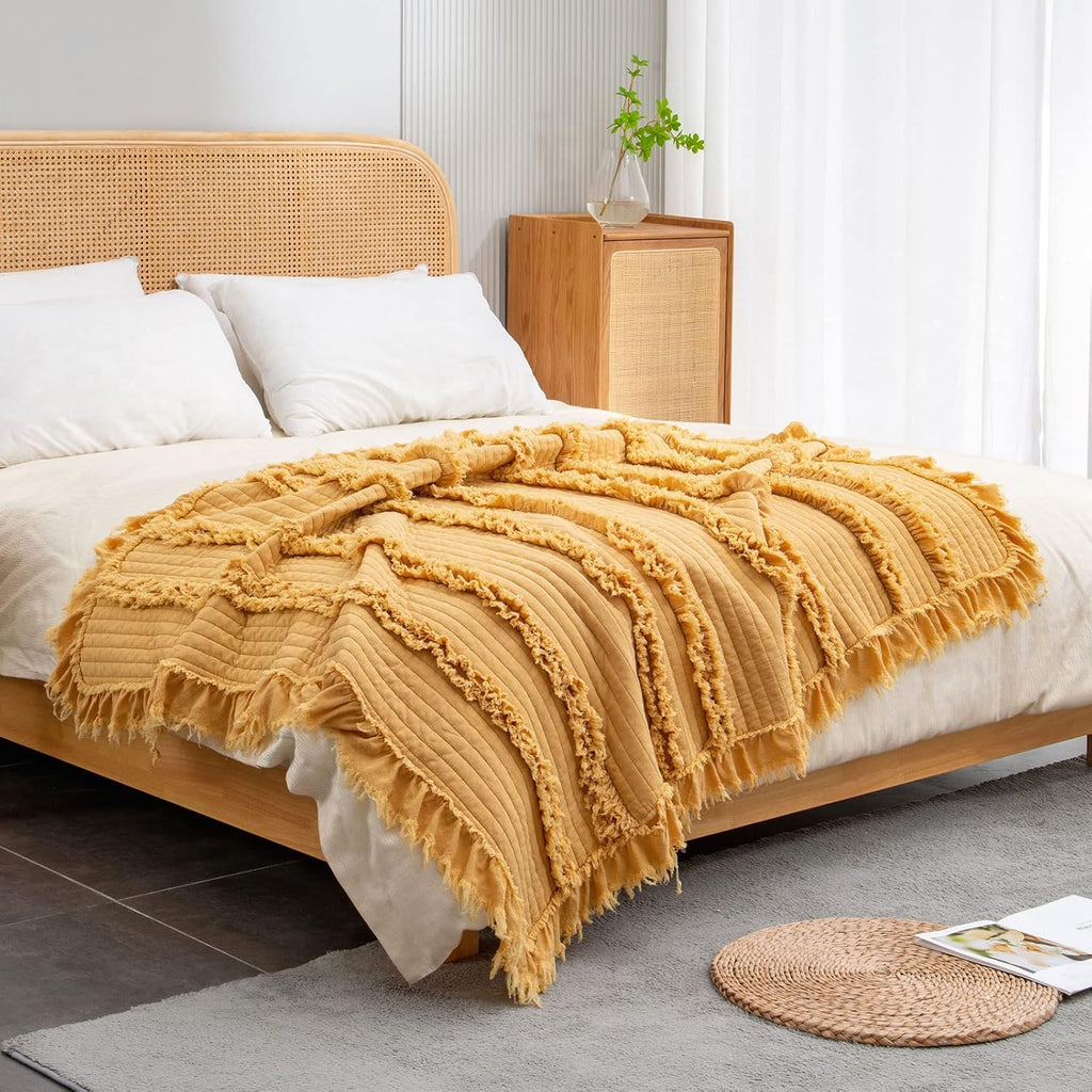 Ultra Soft Pre-Washed Warm Quilted Throw Blanket, Ruffle Fringed Yellow Boho Decorative Throw, Stone Washed Chic