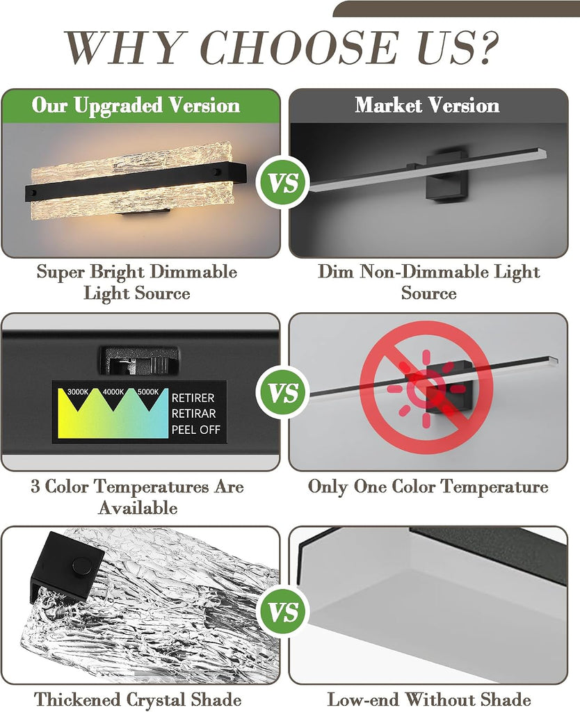 Black LED Bathroom Vanity Light, 24.4 Inch 15W Modern Dimmable Bathroom Light Fixture Over Mirror, Crystal Bar Wall