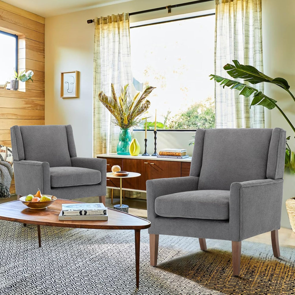 Modern Wingback Living Room Chair, Upholstered Fabric Accent Armchair, Single Sofa Chair with Lounge Seat and Wood