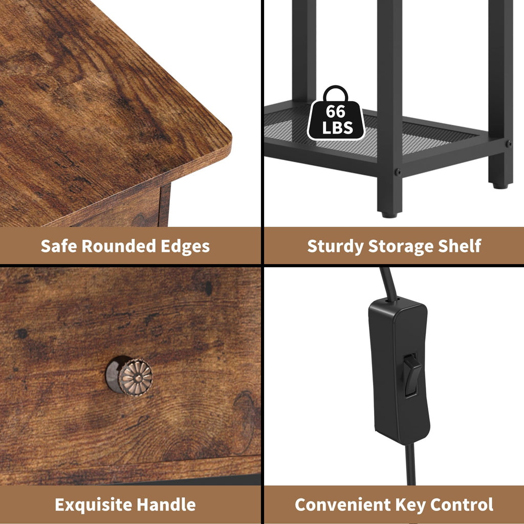 Floor Lamp with Table, Narrow Side Table with Charging Station