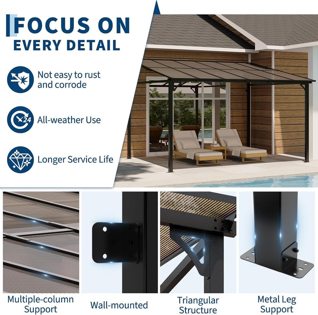 10x12ft Lean to Metal Pergola Gazebo with Hardtop Polycarbonate Roof, Wall Mounted Outdoor Pergolas for Patios