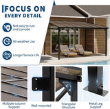 10x12ft Lean to Metal Pergola Gazebo with Hardtop Polycarbonate Roof, Wall Mounted Outdoor Pergolas for Patios