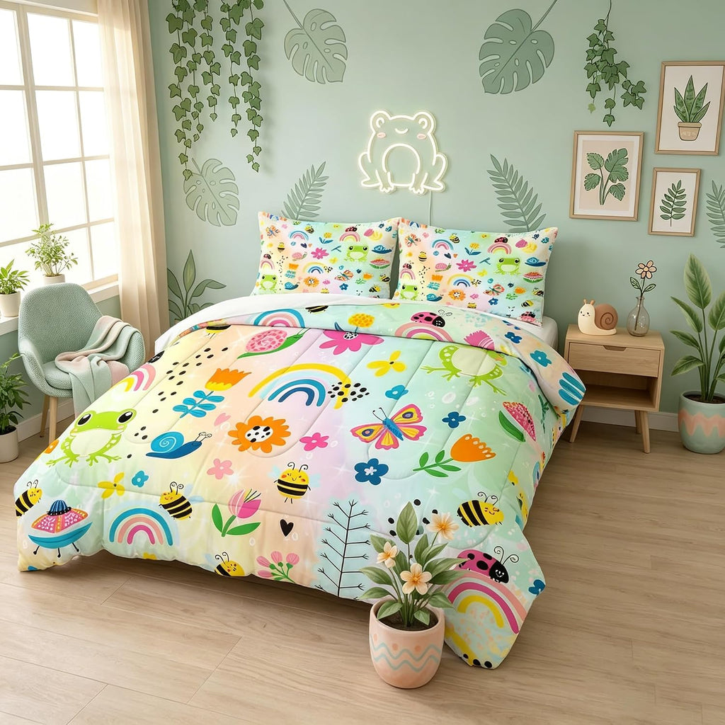 Cute Rainbow Comforter Set Queen, Frog Bedding for Kids Girls Teens