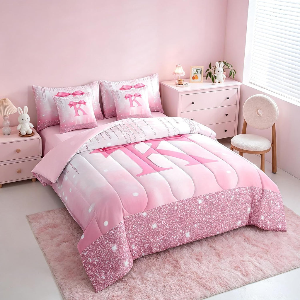 Kids Pink Bowknot 7 Pieces Bedding Set, Personalized Initial K Bed in A Bag Princess Glitter Comforter Set
