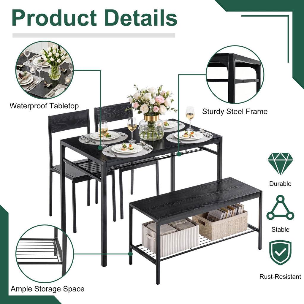 Kitchen Dining Room Table with 2 Chairs & Bench, Compact Space-Saving Design, Easy Assembly Steel Frame, Perfect for