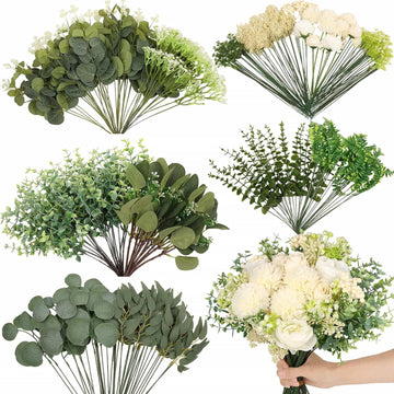 120 Pcs Mixed Artificial Eucalyptus Stems Flowers Bulk, 15 Kinds | Fake Silver Dollar Eucalyptus Faux Silk Greenery