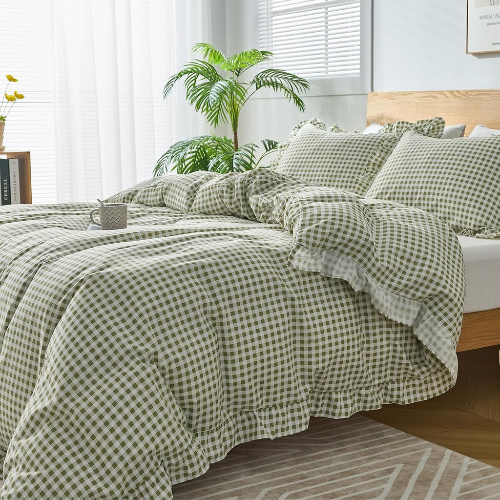 Gingham Duvet Cover, 3 Pieces Soft Breathable Microfiber Plaid Duvet Cover with Zipper Closure & 2 Pillow