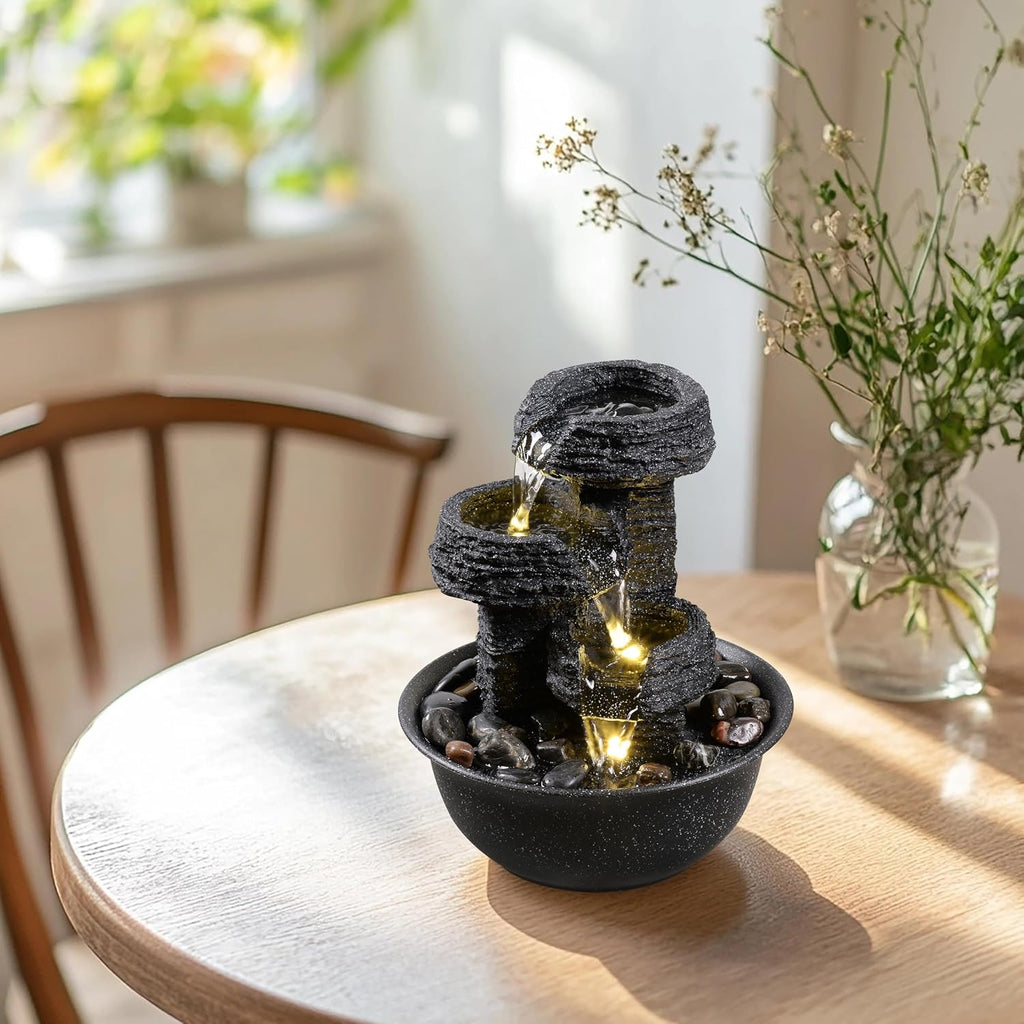Rock Style Tabletop Fountain with LED Light - Indoor Waterfall Feature or Office Décor, Relaxing Zen Desktop Water
