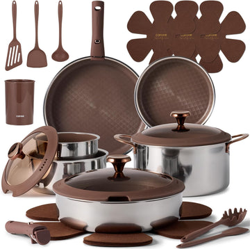 22pcs Hybrid Nonstick Pots and Pans Set, Stainless Steel Cookware Set with Honeycomb Titanium Interior, Induction