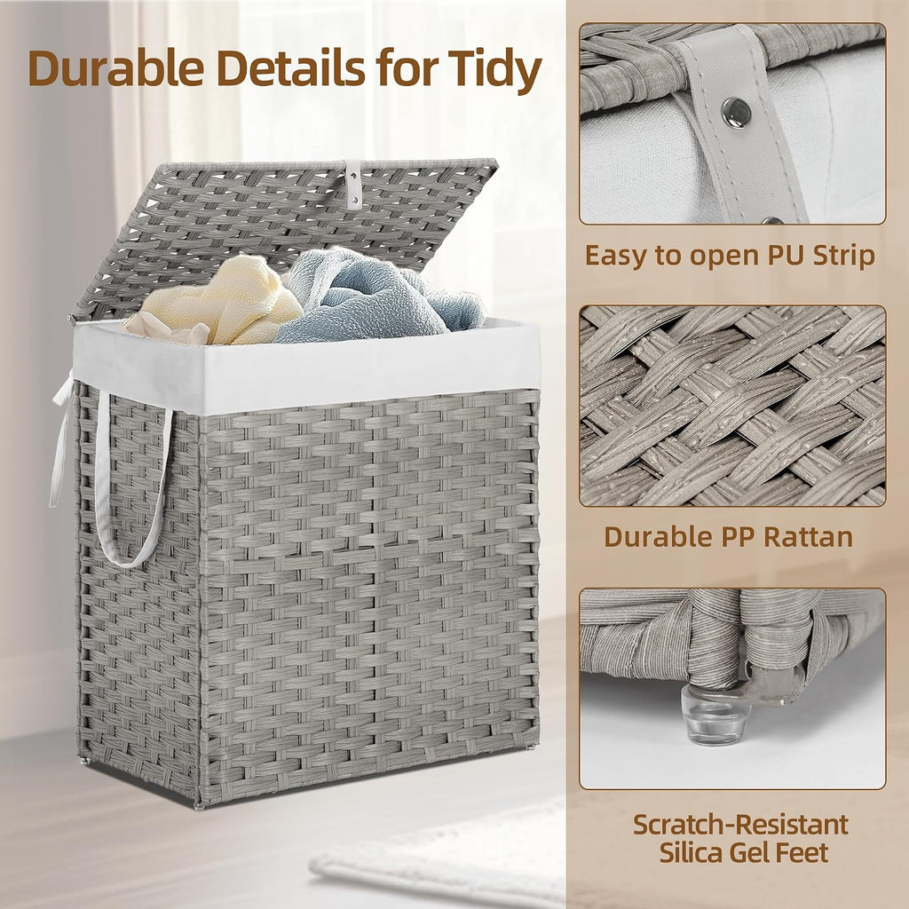Woven Laundry Hamper with Lid, Large Rattan Clothes Hamper with Removable Machine-Washable Liner, Foldable Laundry