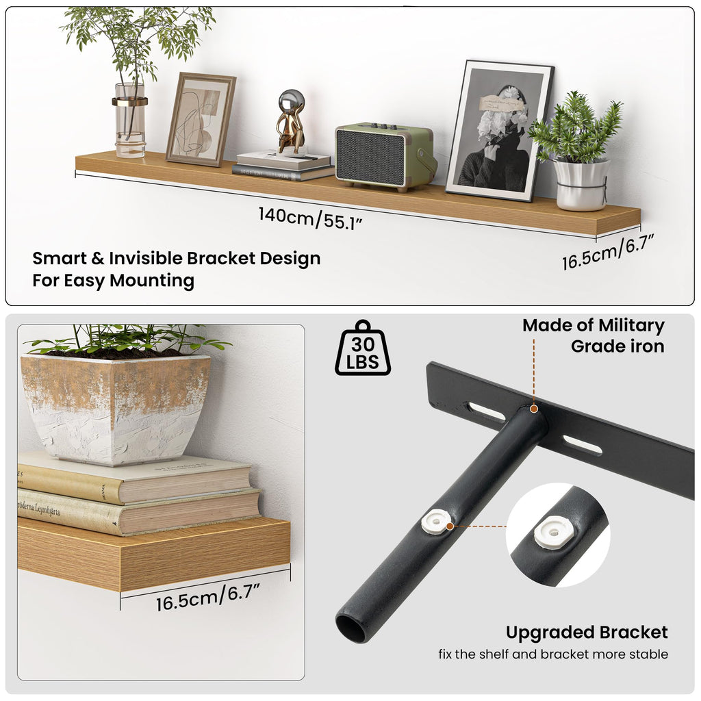 55 Inch Floating Shelves for Wall, Extra Long Mounted Storage wall Shelves with Invisible Metal Bracket Living Room
