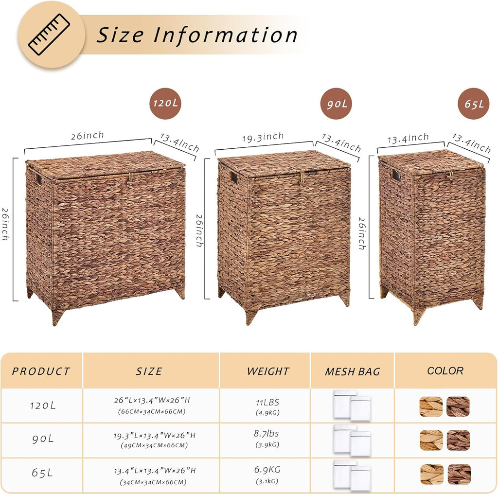 Handwoven Laundry Hamper with Lid, Natural Water Hyacinth Heightened Feet Laundry Basket, Wicker Clothes Hamper with
