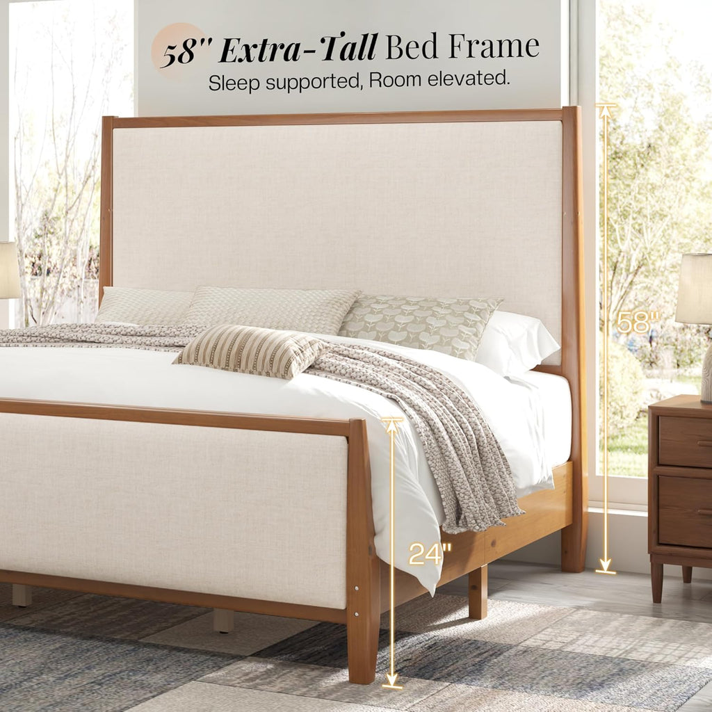58" Tall Solid Wood King Bed Frame with Upholstered Headboard & Footboard, Wooden Platform Bedframe, No Box Spring