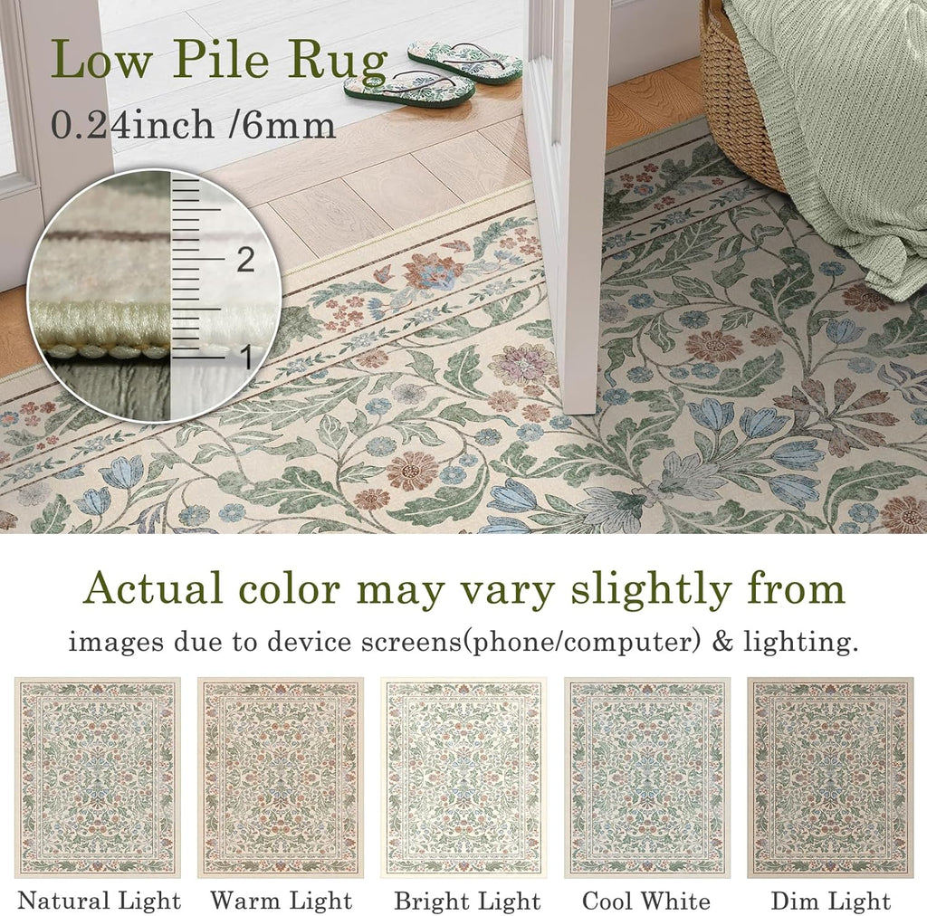 Floral Indoor Entrance 3x5 Area Rug, Washable Vintage Boho Entryway Rugs, Low Pile Non Slip Soft Car