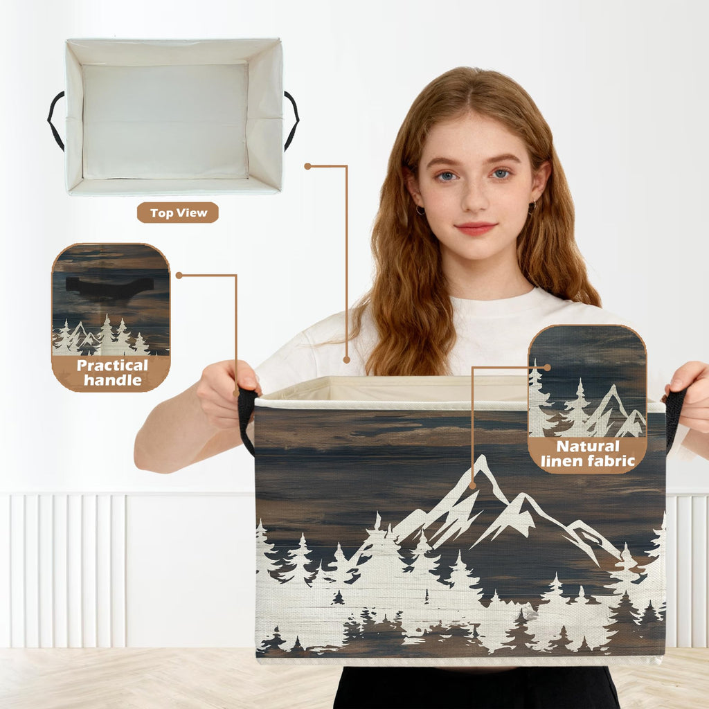 Rustic Forest Mountain Storage Box Bins, Camping Hiking Lover Gifts Collapsible Storage Basket Organizer Laundry Room