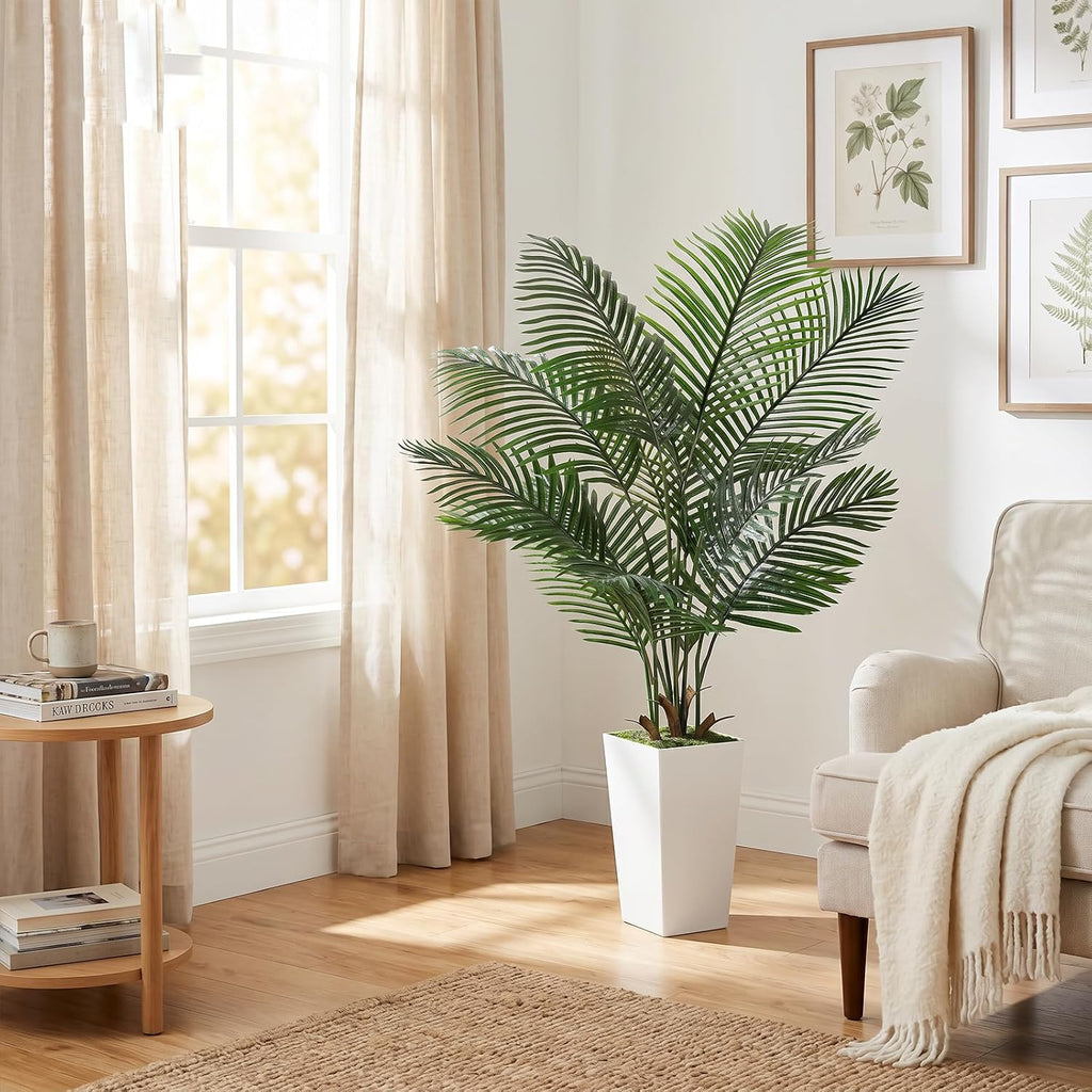 6FT Artificial Palm Tree, Palm Tree 72in Tall Faux with 15.7 White Planter, Fake Potted Tree with Lifelike Leaves