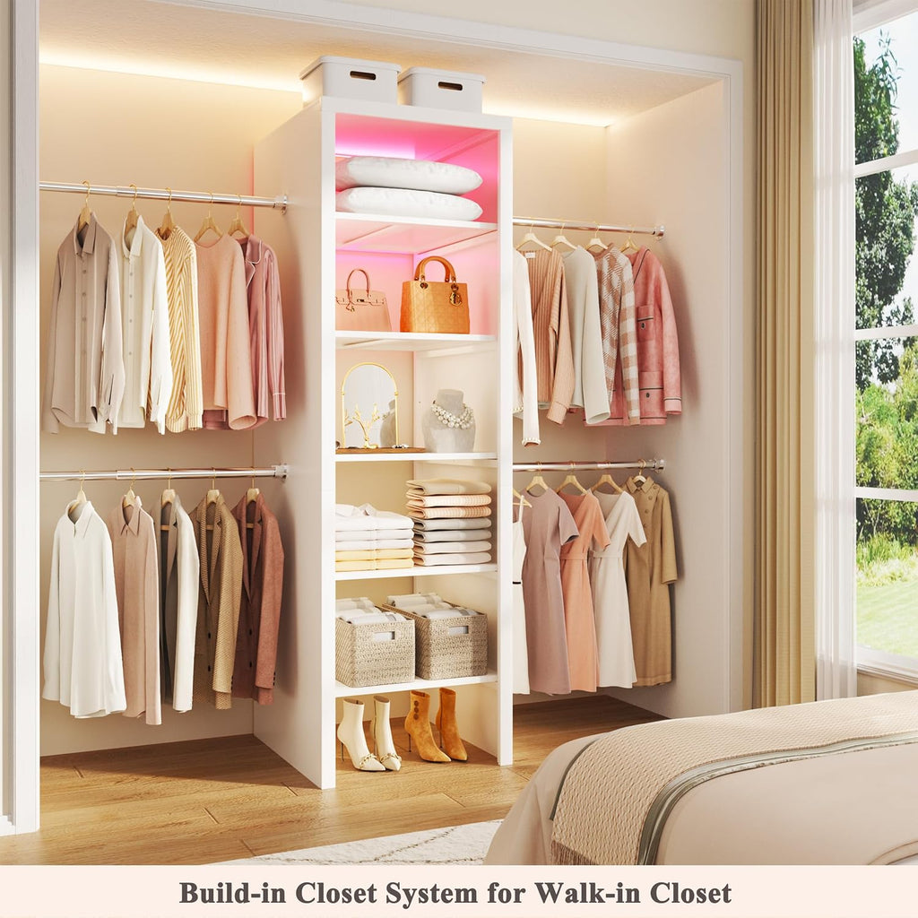 100'' Closet System with 4 Hanging Rods & LED Lights, 2-8 FT Wood Closet Organizer Systems with 5 Shelves, 6 Height