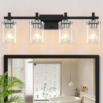 4-Lights Black and Brushed Nickel Vanity Lights with Clear Glass Shade, Bathroom Wall Light Fixtures, 30.3 Inch Large