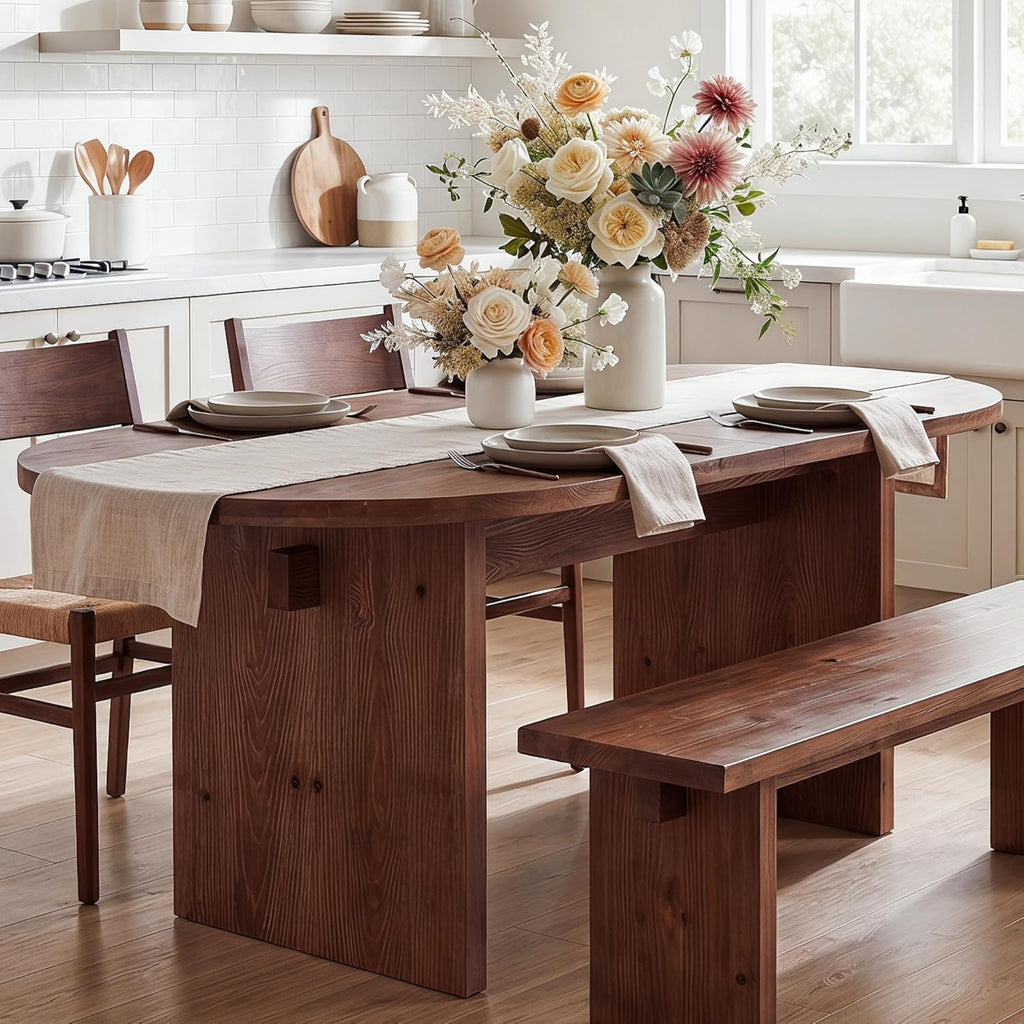 63-Inch Oval Dining Table, Farmhouse Solid Wood Kitchen Table for 4-6, Large Dinner Furniture with Double Pedestal