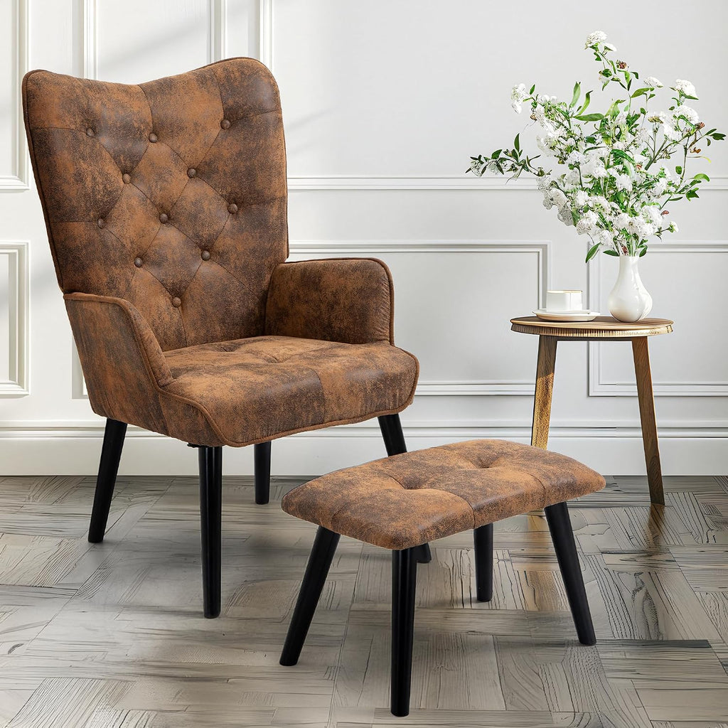 Accent Chair with Ottoman, Brown Button Tufted Wingback Chair | Soft Upholstered Fabric; High Density Thick Sponge;