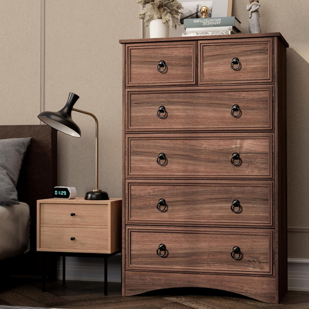 Dresser Tall, Mid Century Modern 6 Drawer Dresser, Cherry Wood Chest od Drawer with Large Storage for Clothes, Vintage