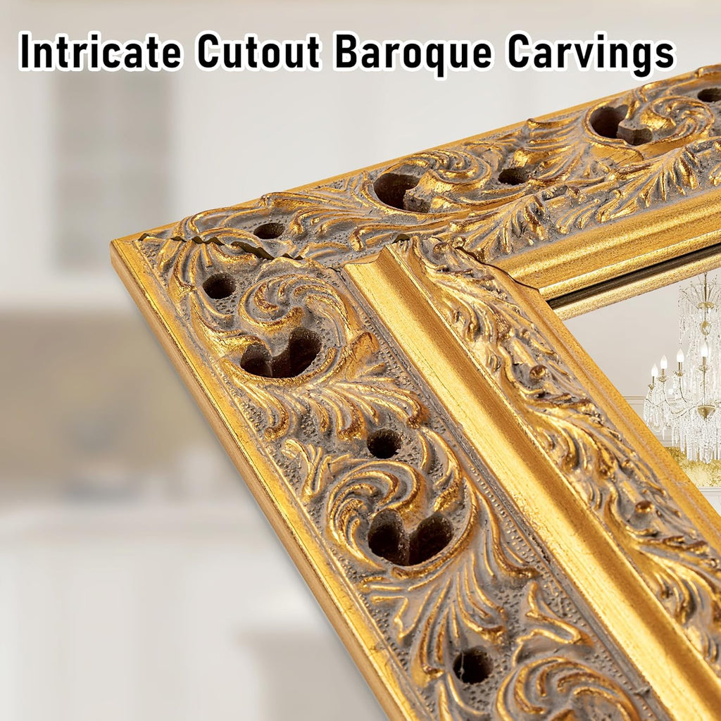 25"x37" Solid Wood Gold Leaf Wall Mirror, Ornate Decor Mirror, Cut-out Carvings Solid Wood Frame