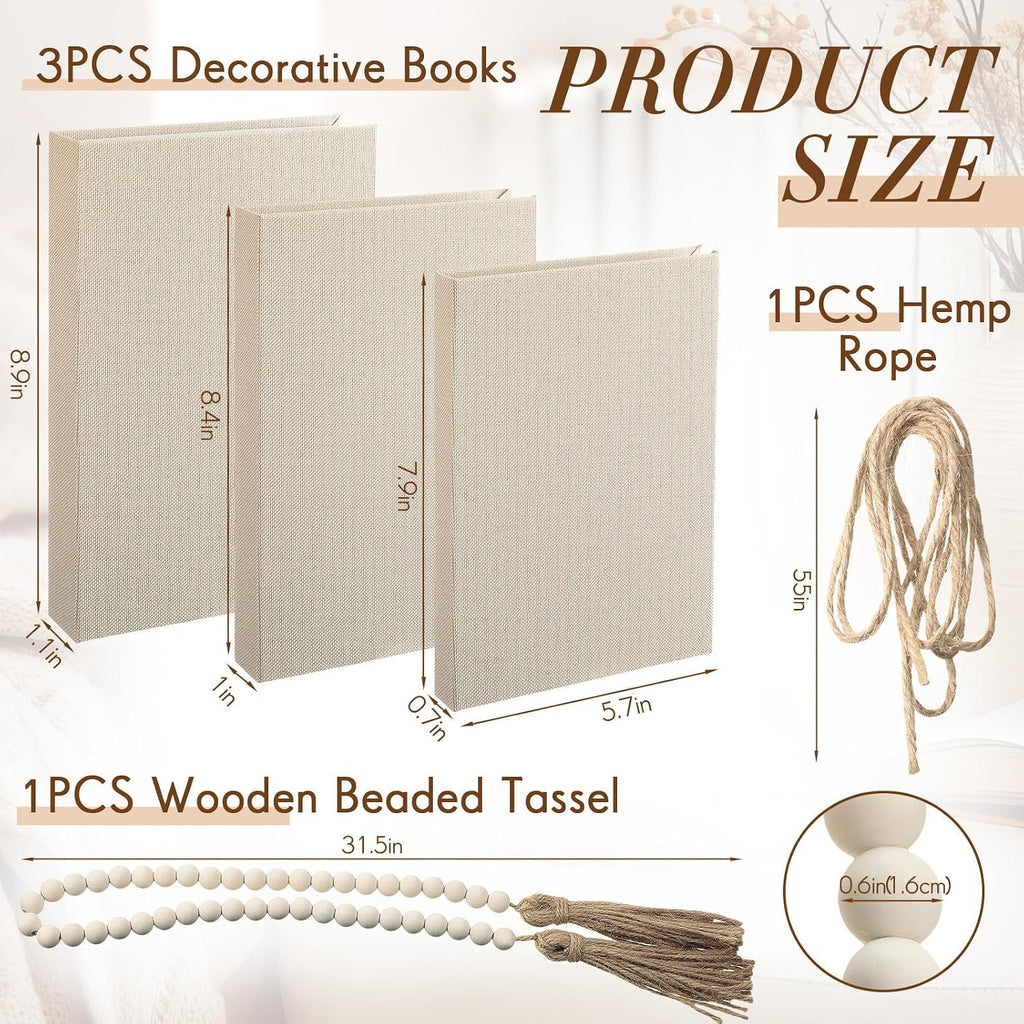 Linen Covered Decorative Books, Set of 3, Coffee Table Books Fabric Book Decor with Wooden Beaded Tassel Neutral Home