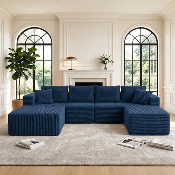 118" Modular Sectional Sofa with Chaise & Ottoman, Navy Blue