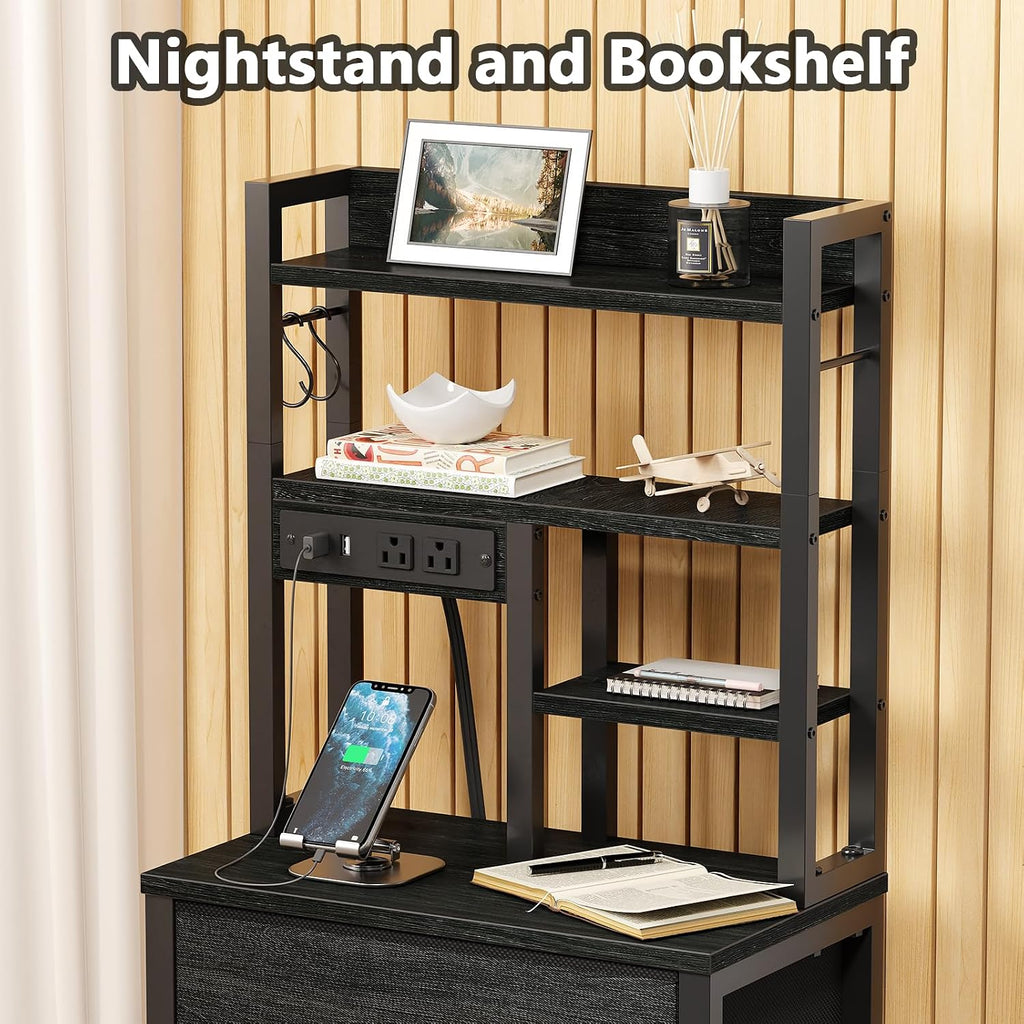 Tall Nightstand, LED Night Stand with Charging Station and USB Ports, 4 Fabric Drawers and 4 Tier Storage Shelf