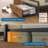 Twin Over Full Bunk Bed with 4 Storage Drawers and Bookshelf, Metal Bunk Beds with LED Lights, Charging Station