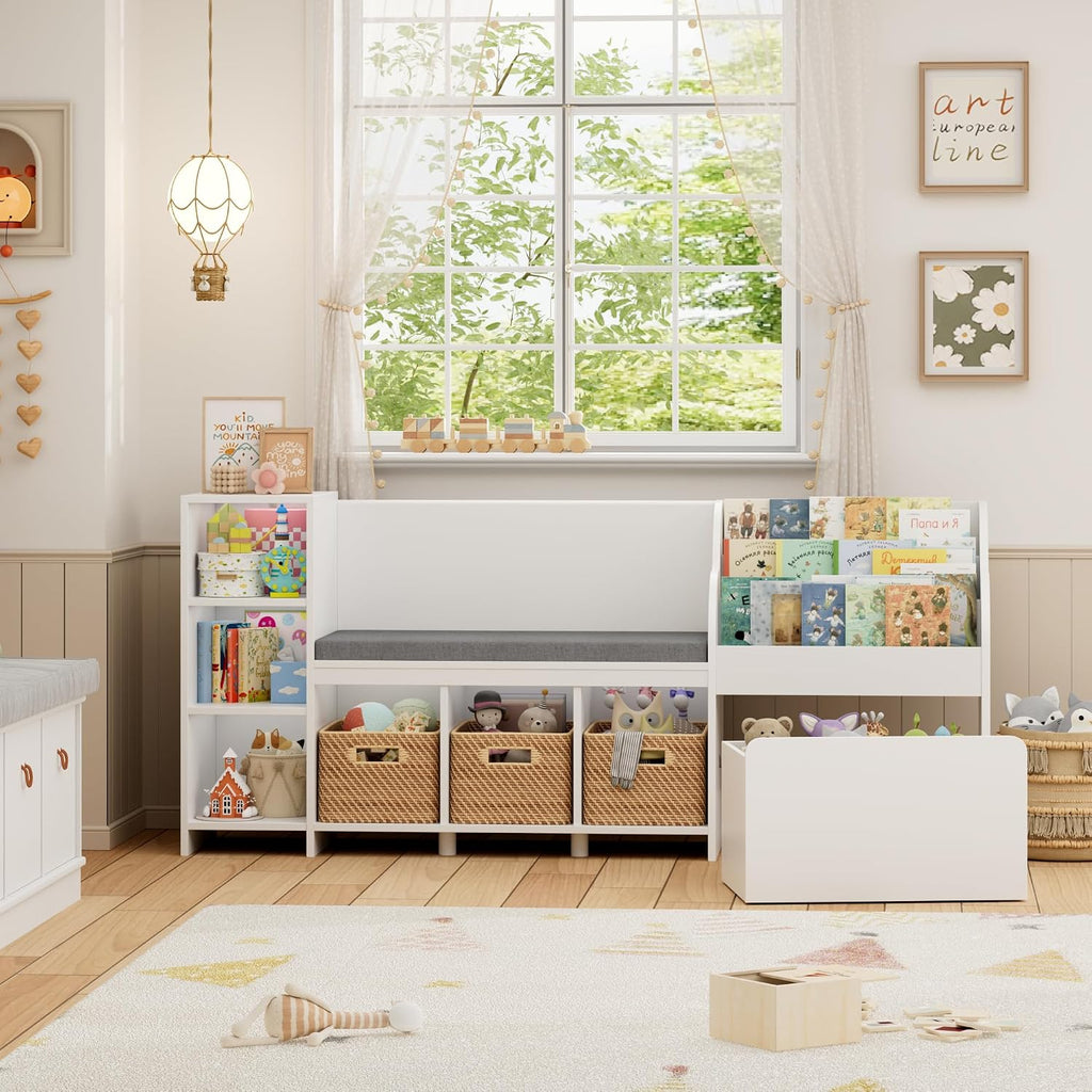 67"W Kids Reading Nook with Bookshelf, Toy Storage Organizer, White | Cushioned Bench & Large Movable Toy Storage Box