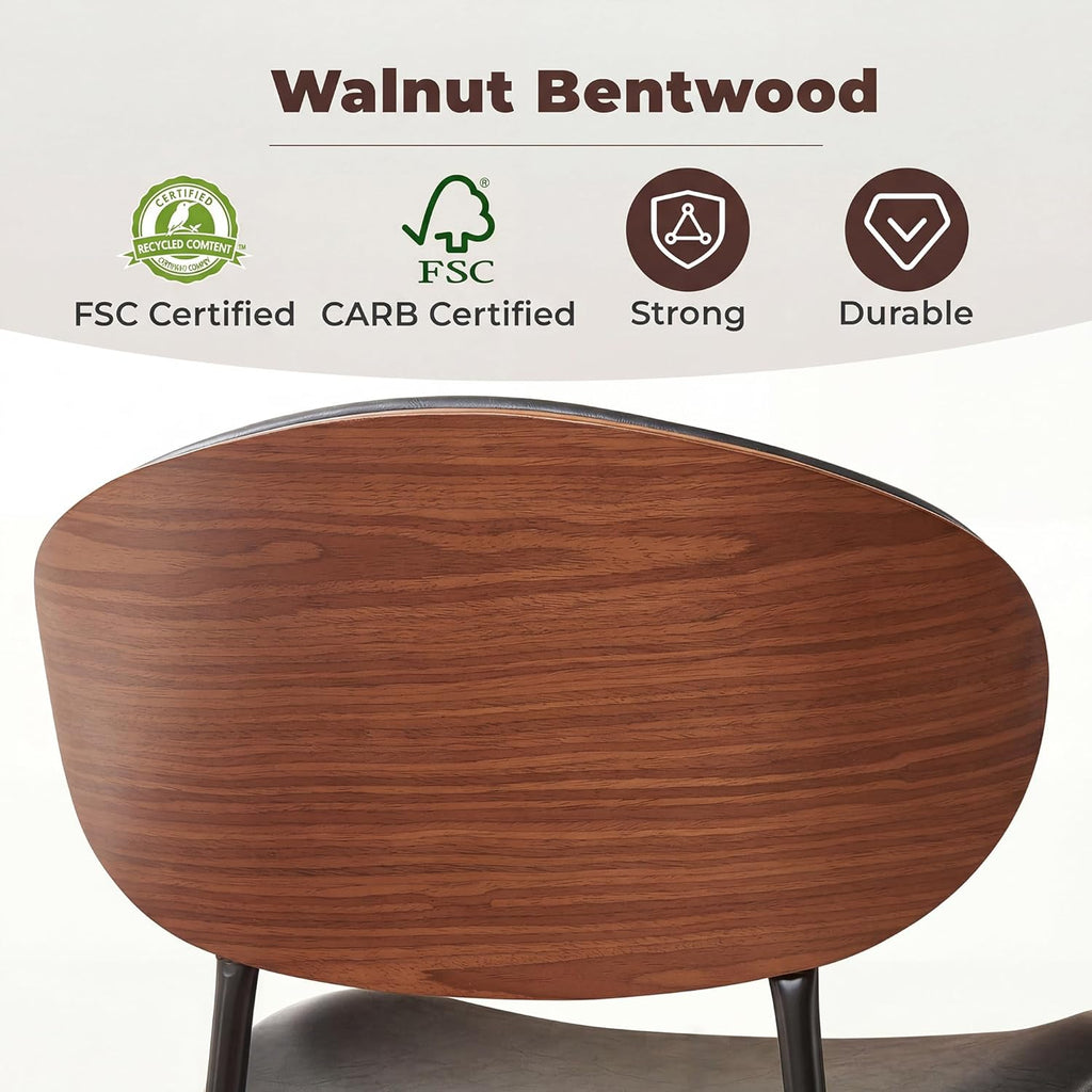 Mid-Century Modern Dining Chairs Set of 2, PU Leather Upholstered Dining Room Chairs with Walnut Grain Back, Bentwood